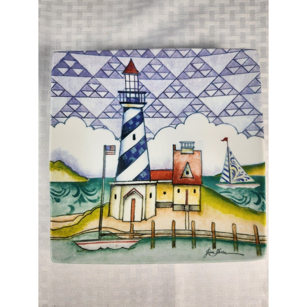 Jim Shore Square Lighthouse Art Plate Signed Curved Up Edges By Cypress Home VTG